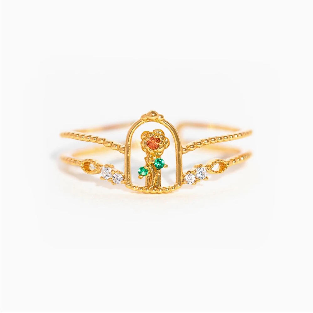 Disney Beauty and the Beast Enchanted Rose Ring – Gold-Tone Adjustable Jewelry